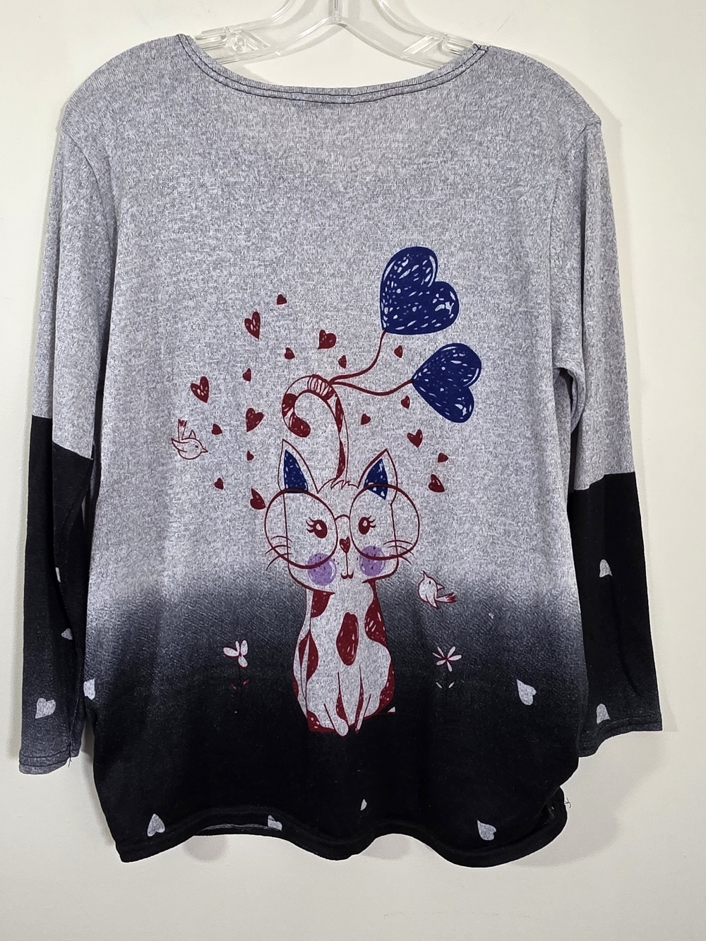 Kokirika Gray Ombre Cat Rhinstone Graphic Pullover With Scrunch Sides Size Large - Picture 3 of 15